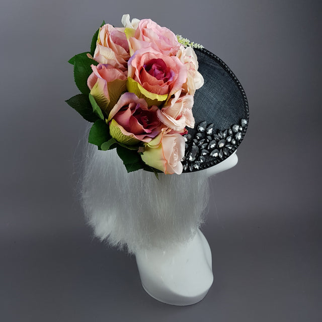 "Rougit" Pink Roses Black Fascinator Hat With Jewels