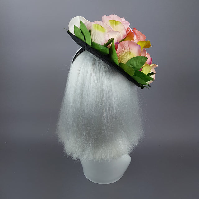 "Rougit" Pink Roses Black Fascinator Hat With Jewels