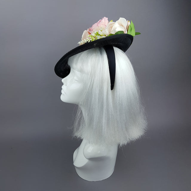 "Rougit" Pink Roses Black Fascinator Hat With Jewels