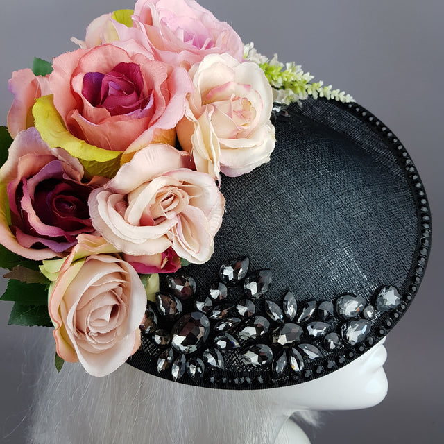 "Rougit" Pink Roses Black Fascinator Hat With Jewels