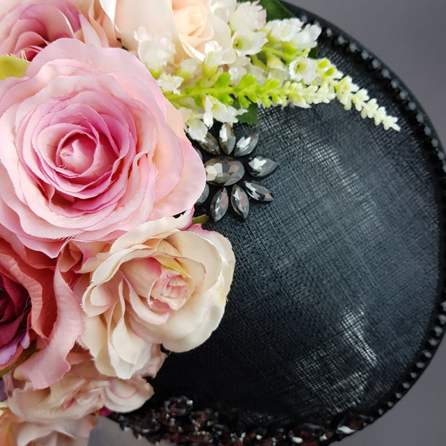 "Rougit" Pink Roses Black Fascinator Hat With Jewels