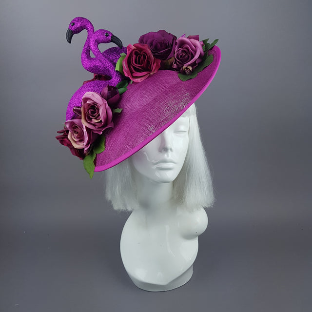 "Belle" Fuchsia Pink Floral Hat with Flamingos