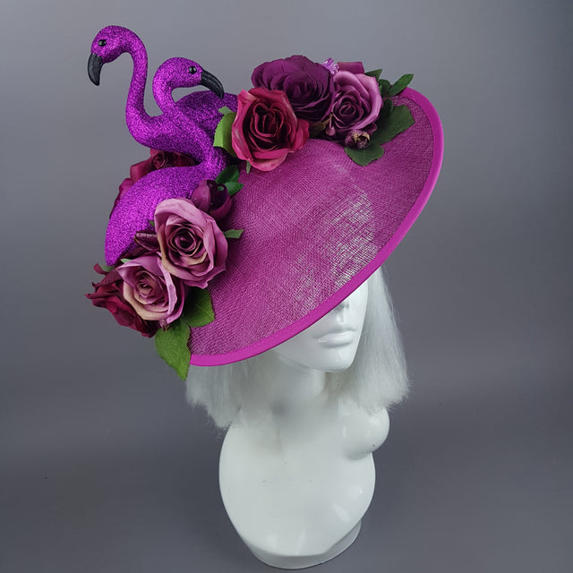 "Belle" Fuchsia Pink Floral Hat with Flamingos