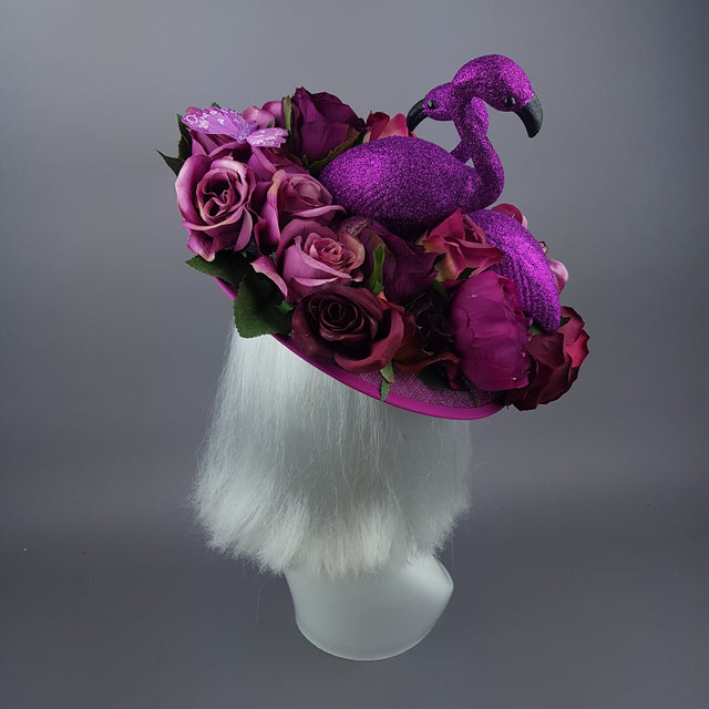 "Belle" Fuchsia Pink Floral Hat with Flamingos
