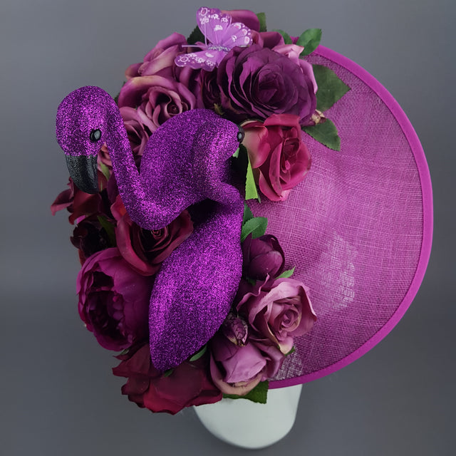 "Belle" Fuchsia Pink Floral Hat with Flamingos