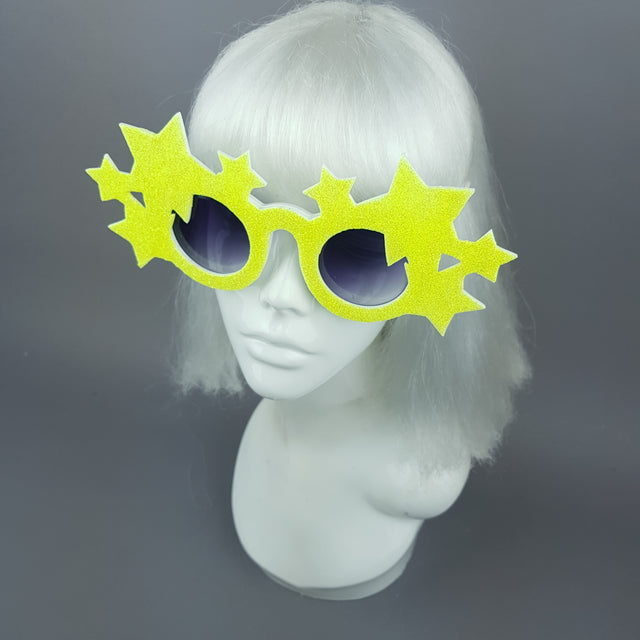"Bright Star" Neon Yellow Glitter Stars Sunglasses