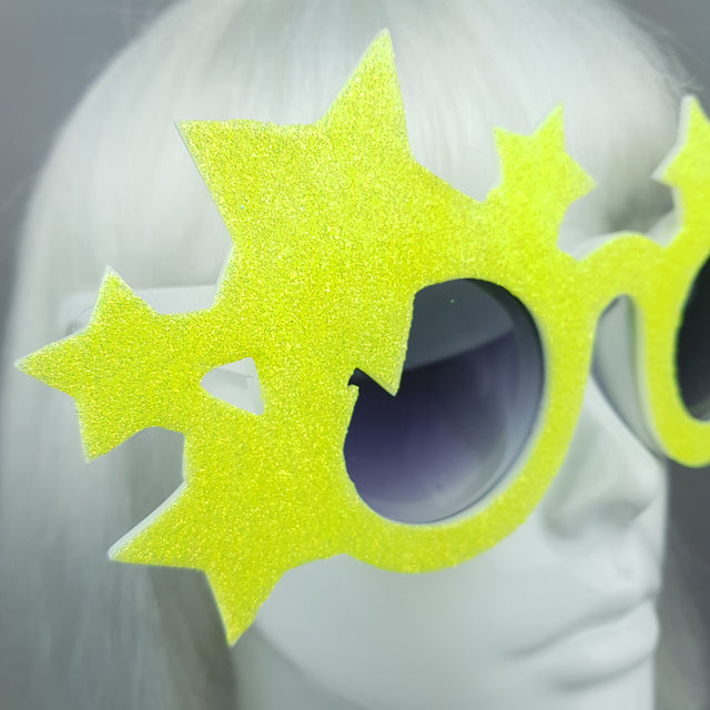 "Bright Star" Neon Yellow Glitter Stars Sunglasses