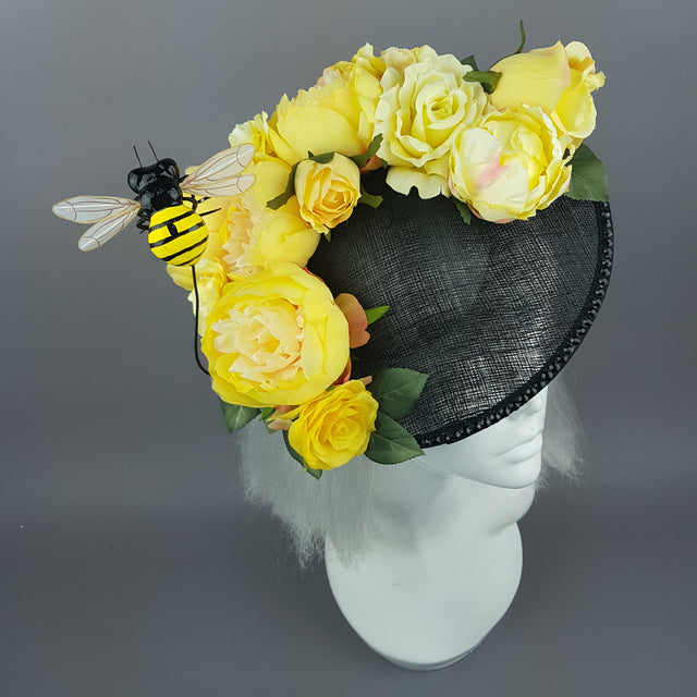 "Amoureuse" Yellow Floral Black Hat With Bee