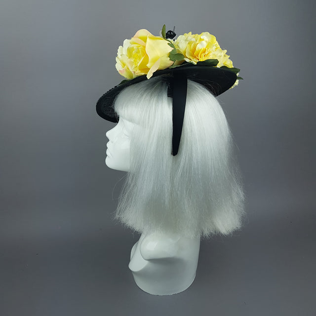 "Amoureuse" Yellow Floral Black Hat With Bee