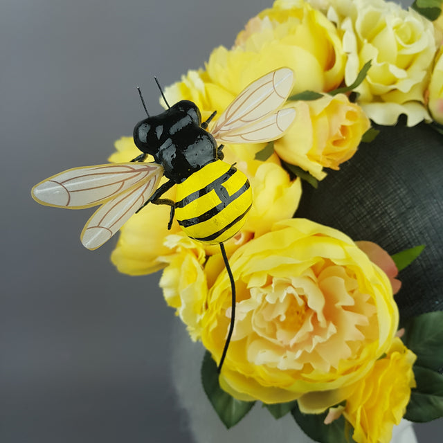 "Amoureuse" Yellow Floral Black Hat With Bee
