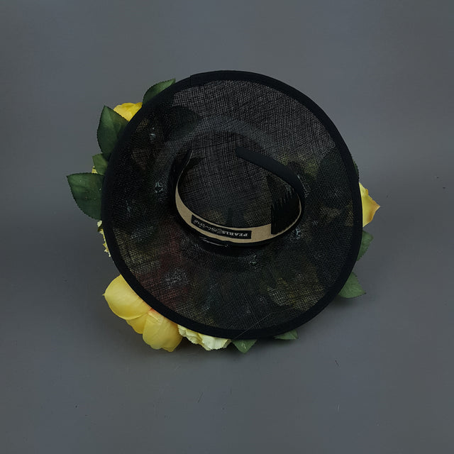 "Amoureuse" Yellow Floral Black Hat With Bee