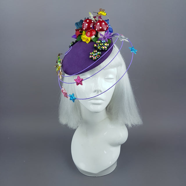 "Esperanza" Colourful Flower, Mushrooms & Wired Veil Fascinator Hat