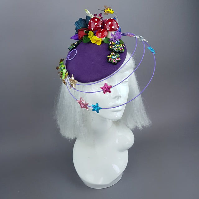 "Esperanza" Colourful Flower, Mushrooms & Wired Veil Fascinator Hat