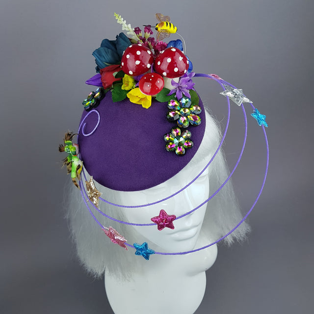 "Esperanza" Colourful Flower, Mushrooms & Wired Veil Fascinator Hat