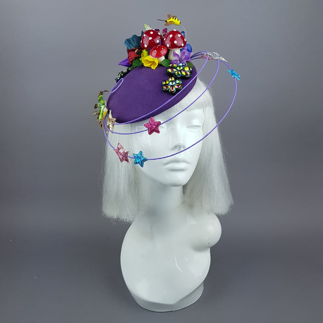 "Esperanza" Colourful Flower, Mushrooms & Wired Veil Fascinator Hat