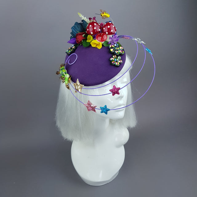 "Esperanza" Colourful Flower, Mushrooms & Wired Veil Fascinator Hat