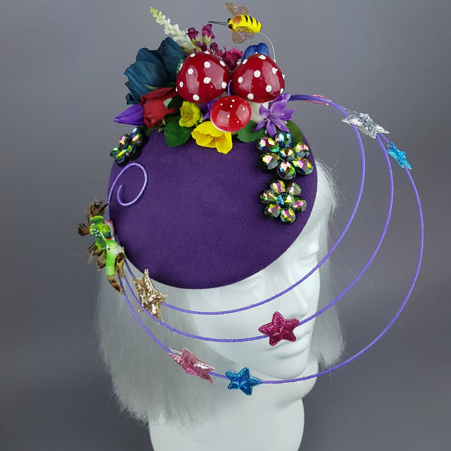 "Esperanza" Colourful Flower, Mushrooms & Wired Veil Fascinator Hat