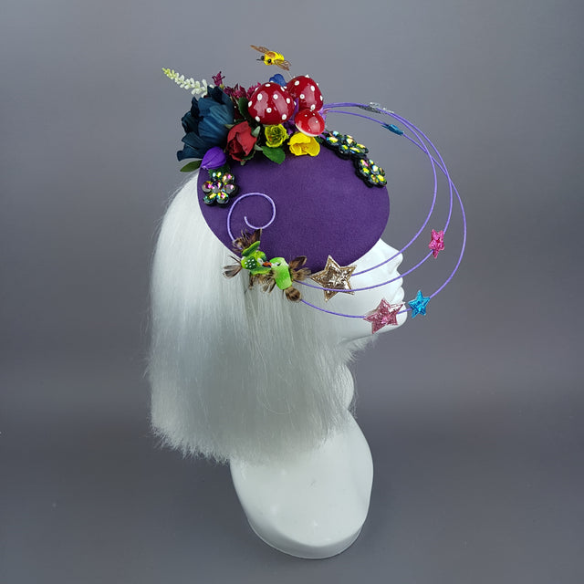 "Esperanza" Colourful Flower, Mushrooms & Wired Veil Fascinator Hat