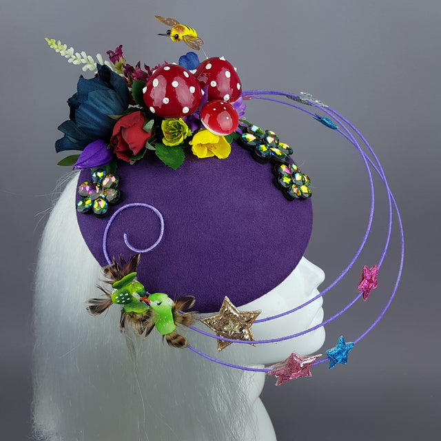 "Esperanza" Colourful Flower, Mushrooms & Wired Veil Fascinator Hat