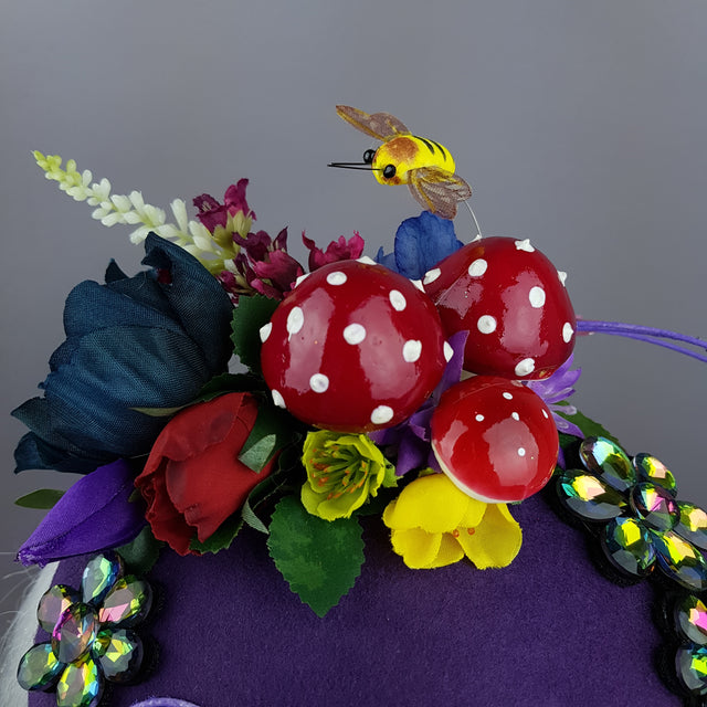 "Esperanza" Colourful Flower, Mushrooms & Wired Veil Fascinator Hat