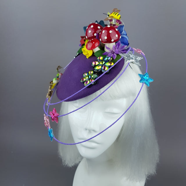 "Esperanza" Colourful Flower, Mushrooms & Wired Veil Fascinator Hat