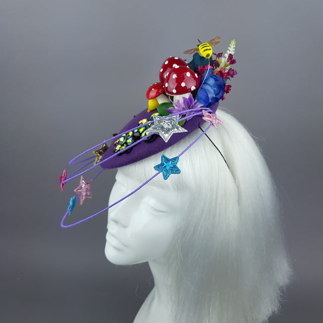 "Esperanza" Colourful Flower, Mushrooms & Wired Veil Fascinator Hat