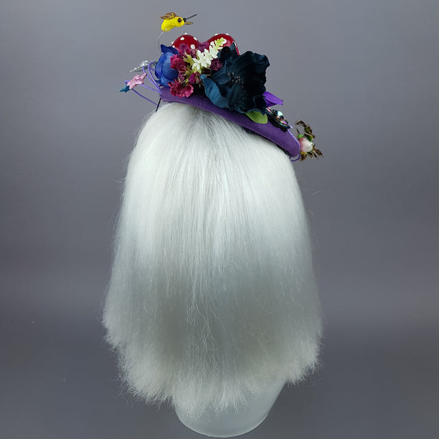 "Esperanza" Colourful Flower, Mushrooms & Wired Veil Fascinator Hat