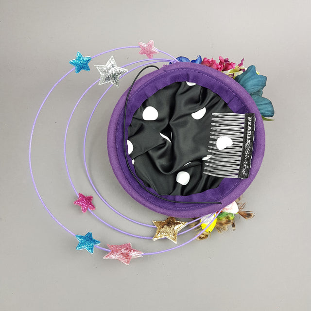 "Esperanza" Colourful Flower, Mushrooms & Wired Veil Fascinator Hat