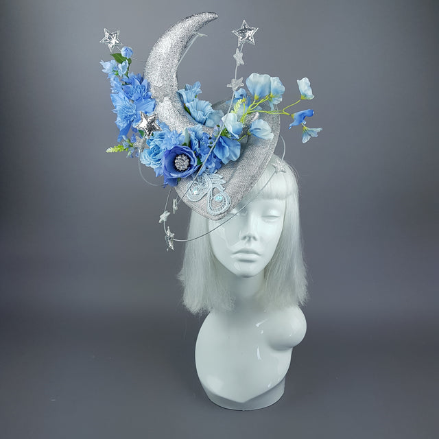"Artemia" Moon, Stars & Blue Flower Clouds Fascinator Hat