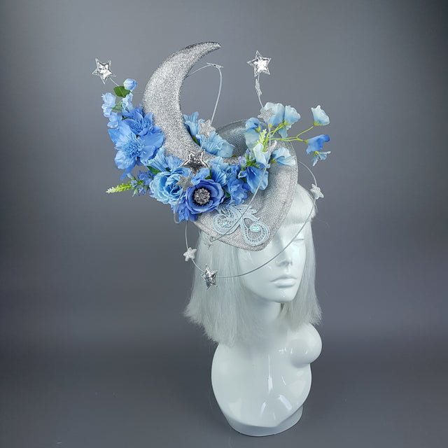 "Artemia" Moon, Stars & Blue Flower Clouds Fascinator Hat
