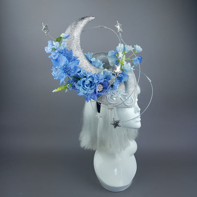 "Artemia" Moon, Stars & Blue Flower Clouds Fascinator Hat