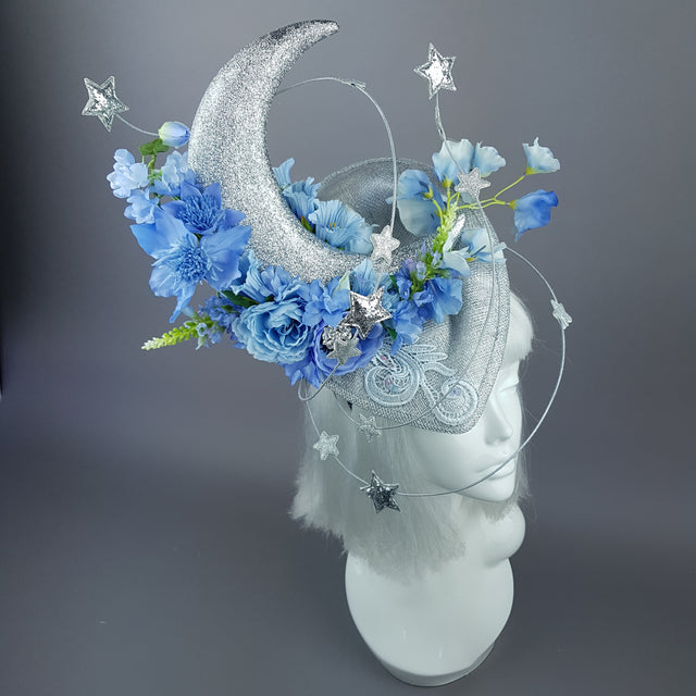 "Artemia" Moon, Stars & Blue Flower Clouds Fascinator Hat