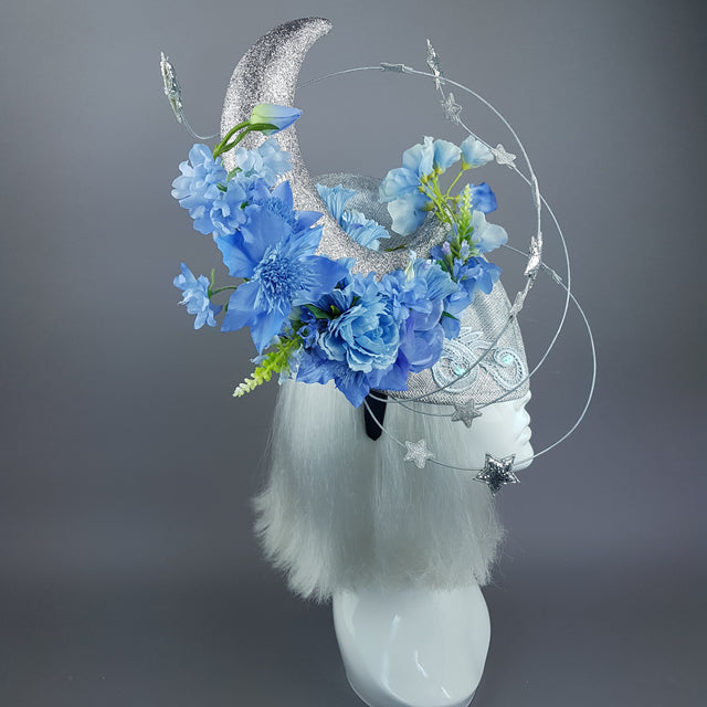 "Artemia" Moon, Stars & Blue Flower Clouds Fascinator Hat