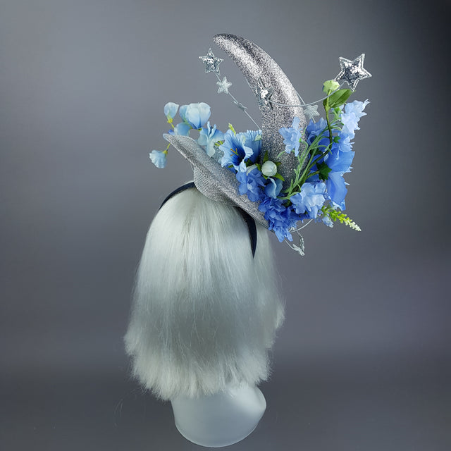 "Artemia" Moon, Stars & Blue Flower Clouds Fascinator Hat