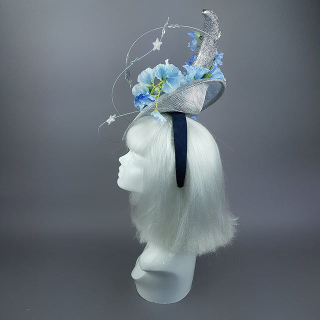 "Artemia" Moon, Stars & Blue Flower Clouds Fascinator Hat
