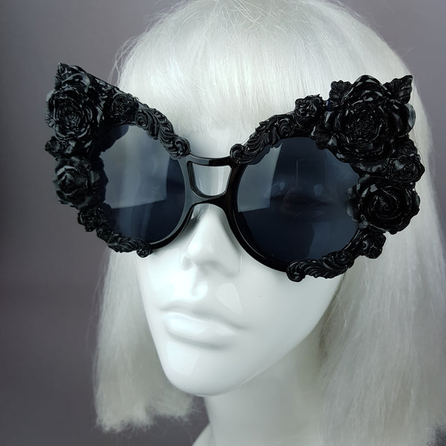 "Lycoris" Black Oversized Filigree Rose Sunglasses