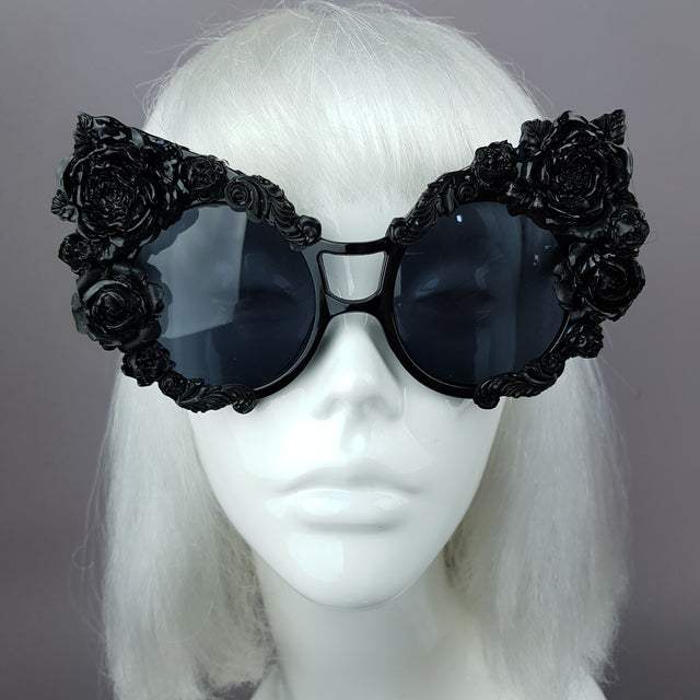 "Lycoris" Black Oversized Filigree Rose Sunglasses