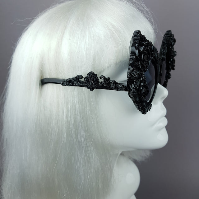 "Lycoris" Black Oversized Filigree Rose Sunglasses