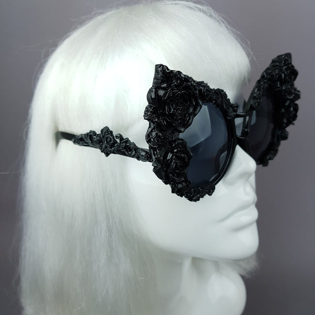 "Lycoris" Black Oversized Filigree Rose Sunglasses
