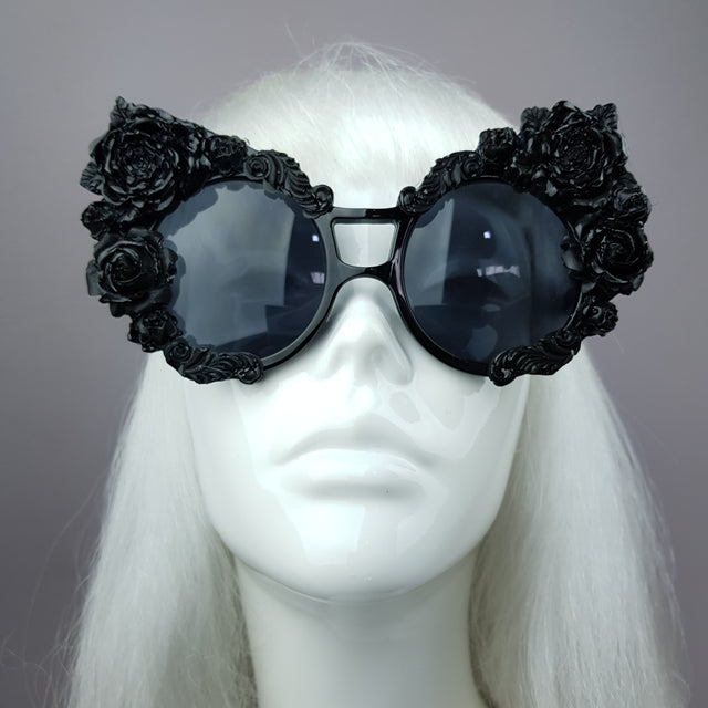 "Lycoris" Black Oversized Filigree Rose Sunglasses