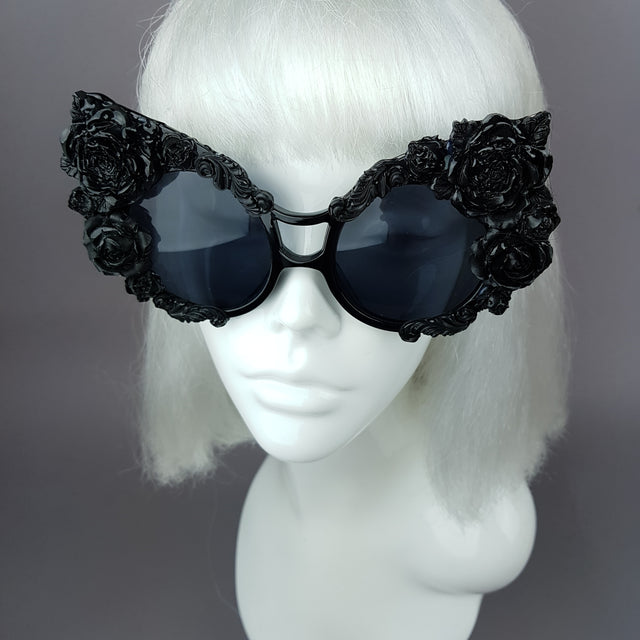 "Lycoris" Black Oversized Filigree Rose Sunglasses