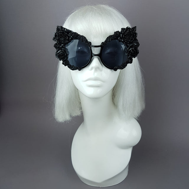"Lycoris" Black Oversized Filigree Rose Sunglasses