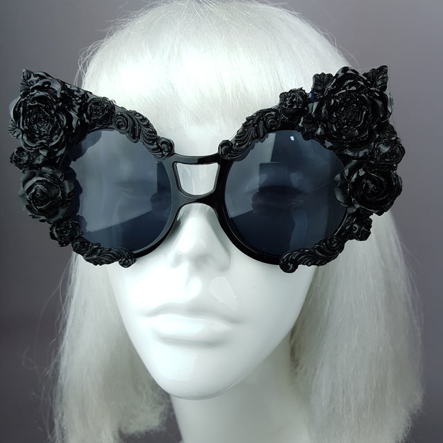 "Lycoris" Black Oversized Filigree Rose Sunglasses