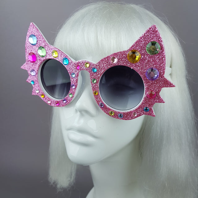 "Meowzer" Pink Colourful Gem Glitter Cat Sunglasses