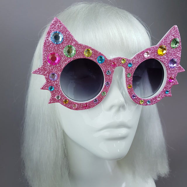 "Meowzer" Pink Colourful Gem Glitter Cat Sunglasses