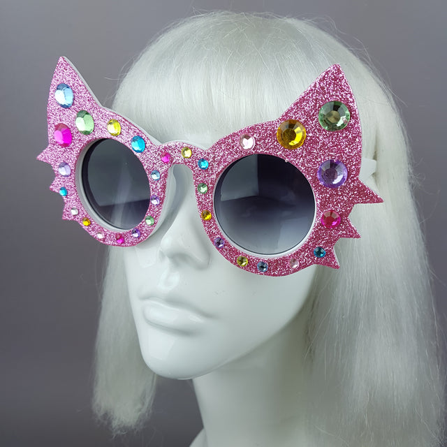 "Meowzer" Pink Colourful Gem Glitter Cat Sunglasses