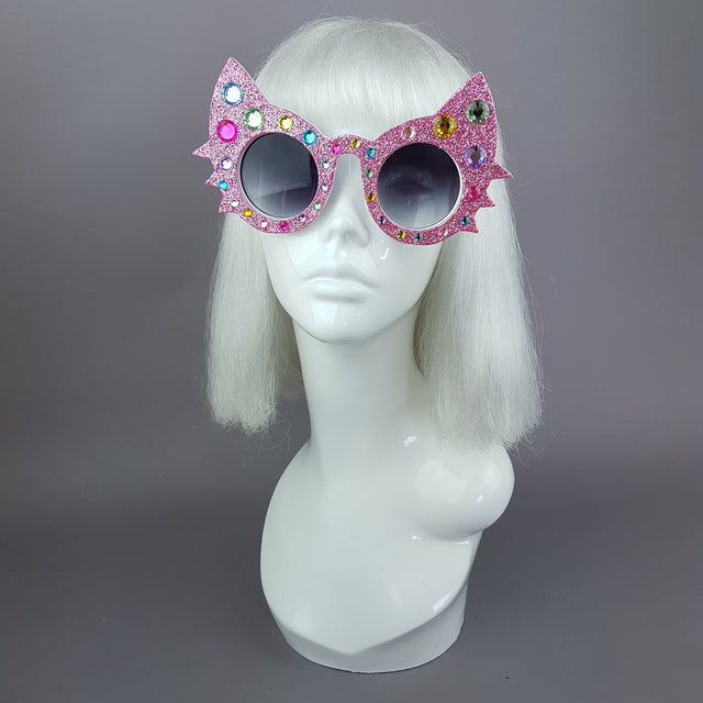 "Meowzer" Pink Colourful Gem Glitter Cat Sunglasses