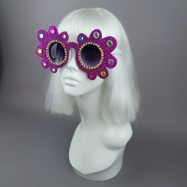 "Fioritura" Pink Glitter Gem Daisy Flower Sunglasses