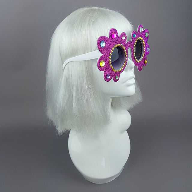 "Fioritura" Pink Glitter Gem Daisy Flower Sunglasses