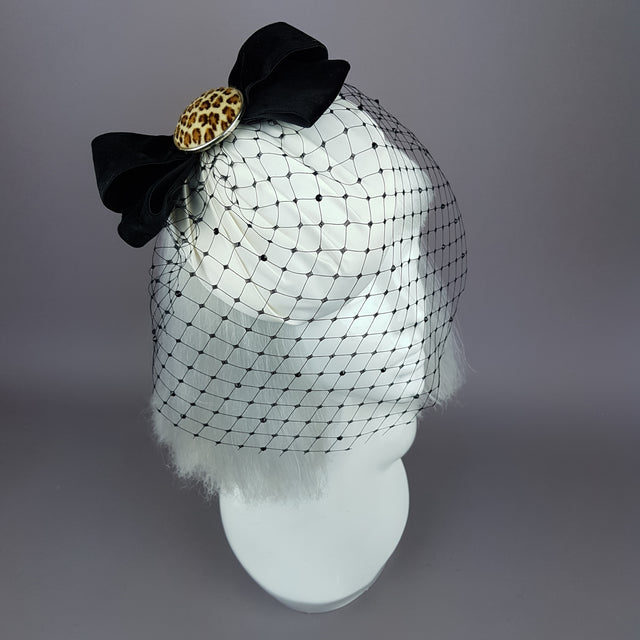 "Morana" Ivory & Leopard Bow Veil Fascinator Hat